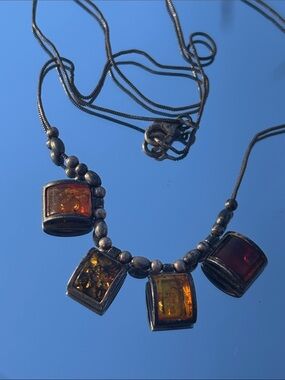 Vintage Sterling Silver Amber Pendant Necklace